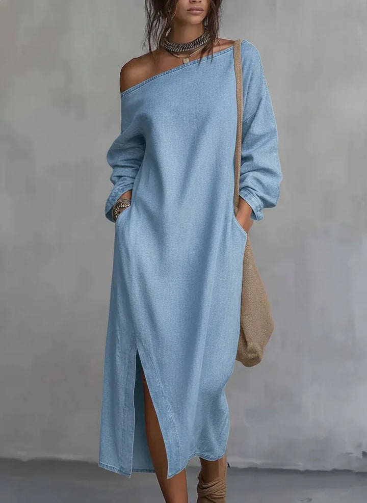Full-length view of the Kaylee women's flowy one-shoulder maxi dress. Perfect for relaxed, stylish spring/summer outfits.
