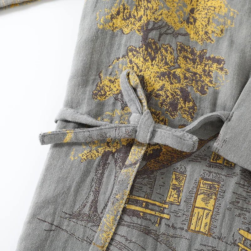 Two-piece women's kimono top and pant pajama set, artistic watercolor pattern. Stylish sleepwear.