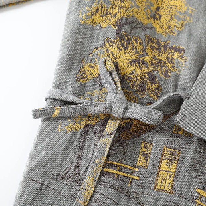 Two-piece women's kimono top and pant pajama set, artistic watercolor pattern. Stylish sleepwear.