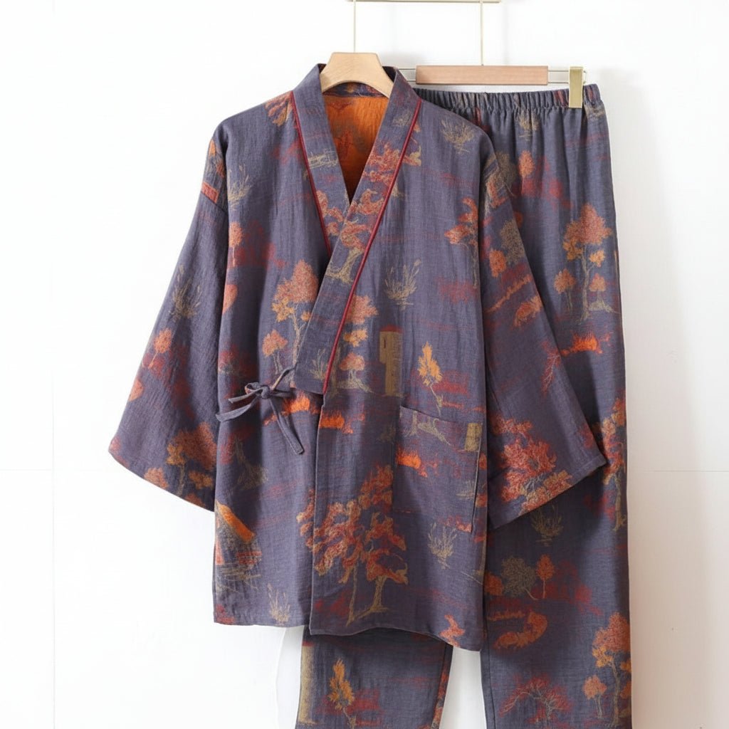 Beautiful women's kimono pajama set featuring a unique artistic watercolor print design. Relaxed fit sleepwear.