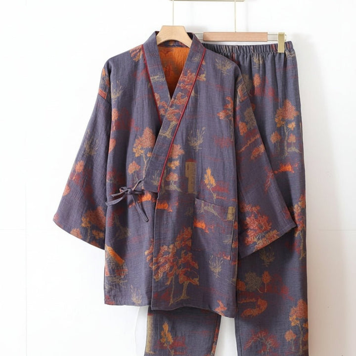 Beautiful women's kimono pajama set featuring a unique artistic watercolor print design. Relaxed fit sleepwear.
