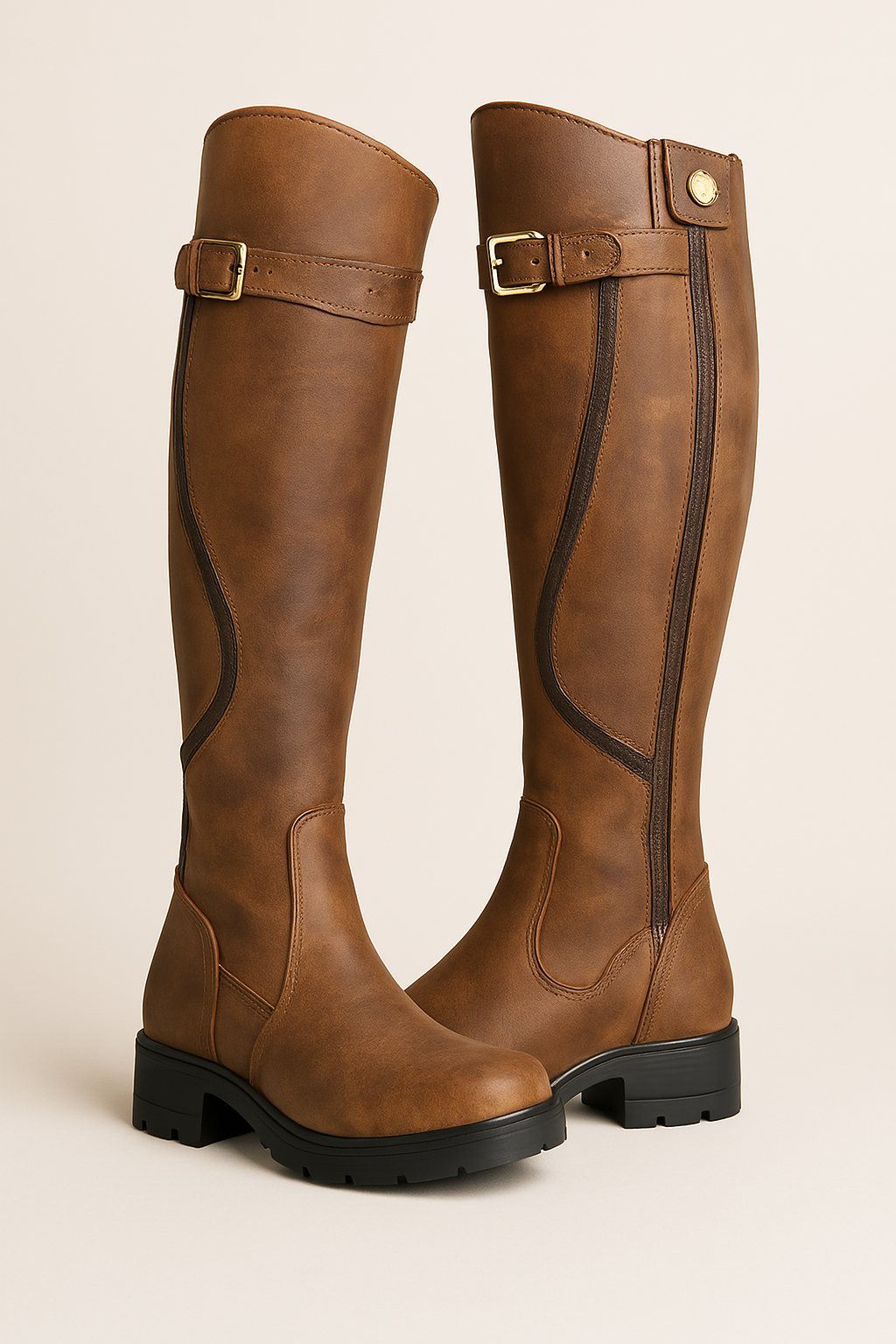 Women's knee-high riding boots with elegant gold buckle detail, perfect for fall equestrian style.