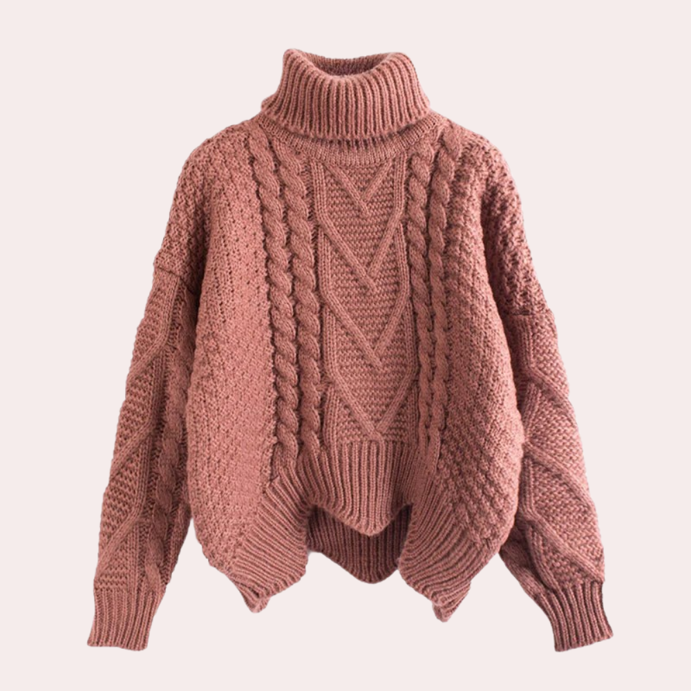 Women's knitted turtleneck sweater, warm & versatile for winter/fall. Cozy cotton blend for comfort.