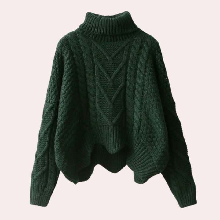 Cozy women's knitted turtleneck sweater, ideal for fall & winter. Versatile and warm cotton fabric.