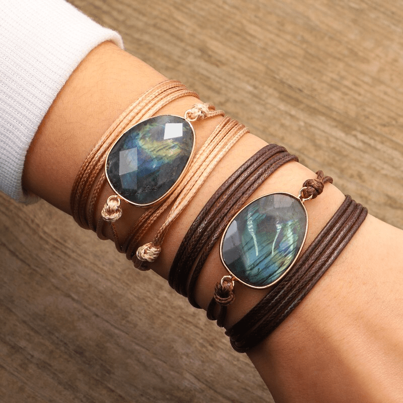 Women's labradorite rope-wrap bracelet, enhancing intuition & creativity. Boho gemstone jewelry.