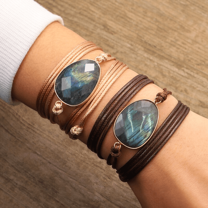 Women's labradorite rope-wrap bracelet, enhancing intuition & creativity. Boho gemstone jewelry.