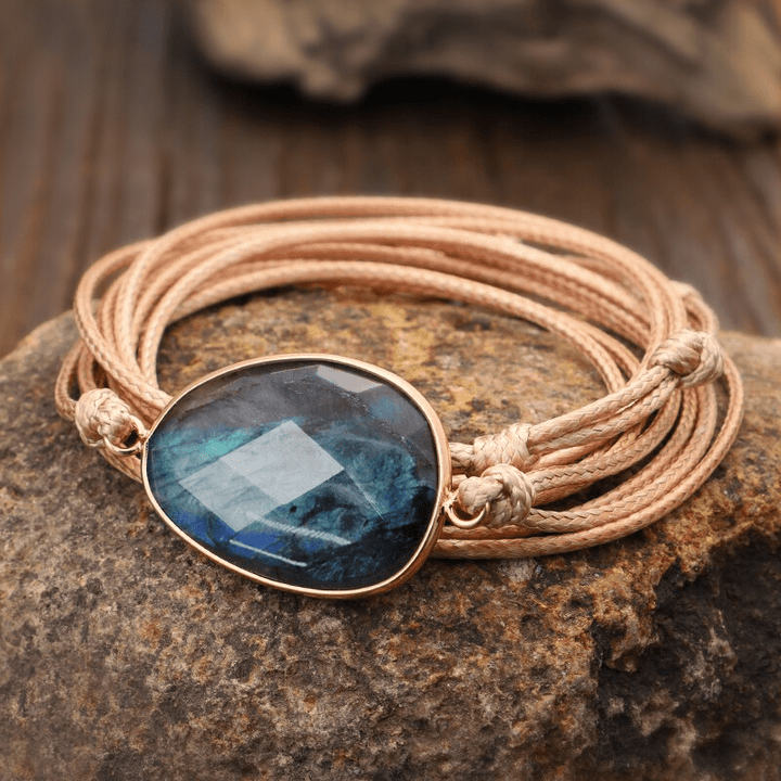 Stunning labradorite rope-wrap bracelet. Women's boho gemstone jewelry for intuition & creativity.