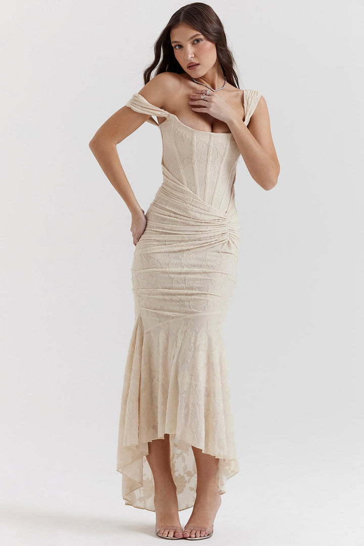 Lace corset bodycon midi dress for women, sweetheart neckline, suitable for formal or evening occasions.