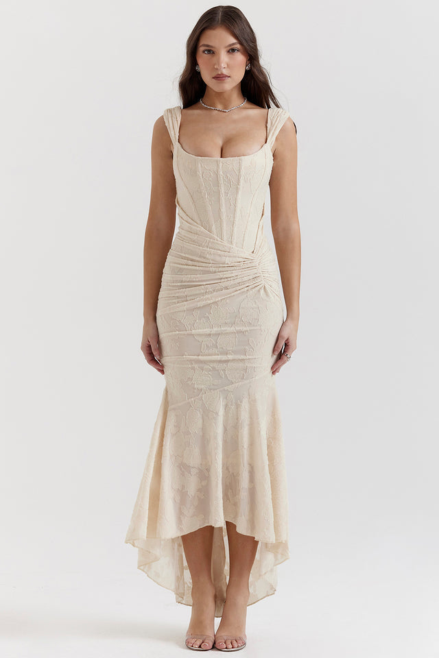 Flattering women's bodycon lace corset midi dress, sweetheart neckline, great for formal gatherings.