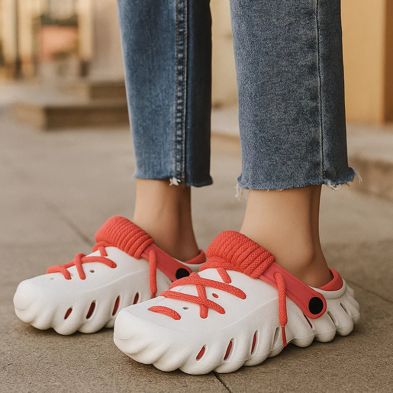 Breathable women's slip-on clogs, featuring stylish laces and water-friendly material.