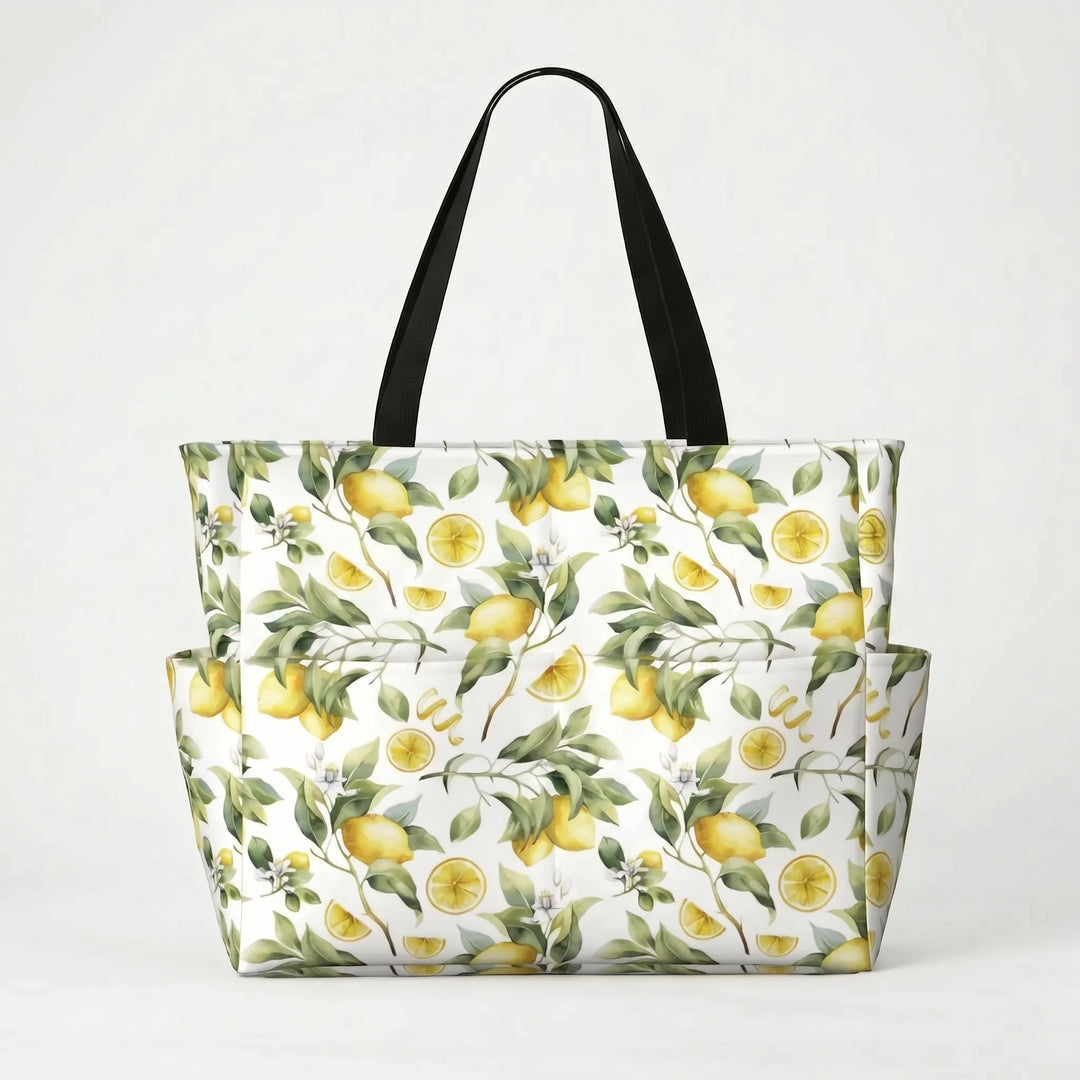 Open women's large beach tote bag, tropical lemon print, revealing its spacious interior for essentials.