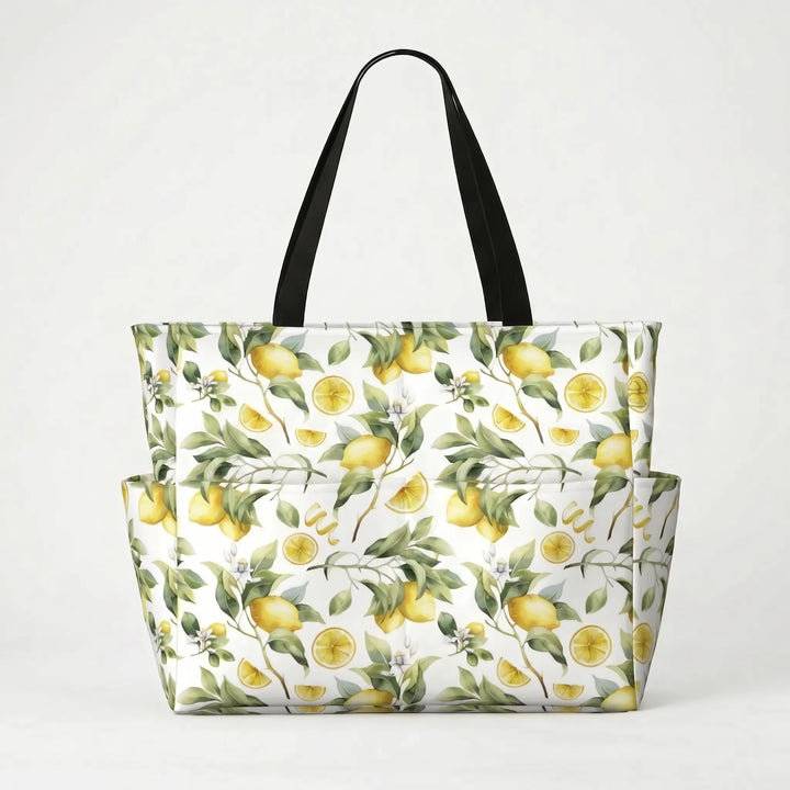 Open women's large beach tote bag, tropical lemon print, revealing its spacious interior for essentials.