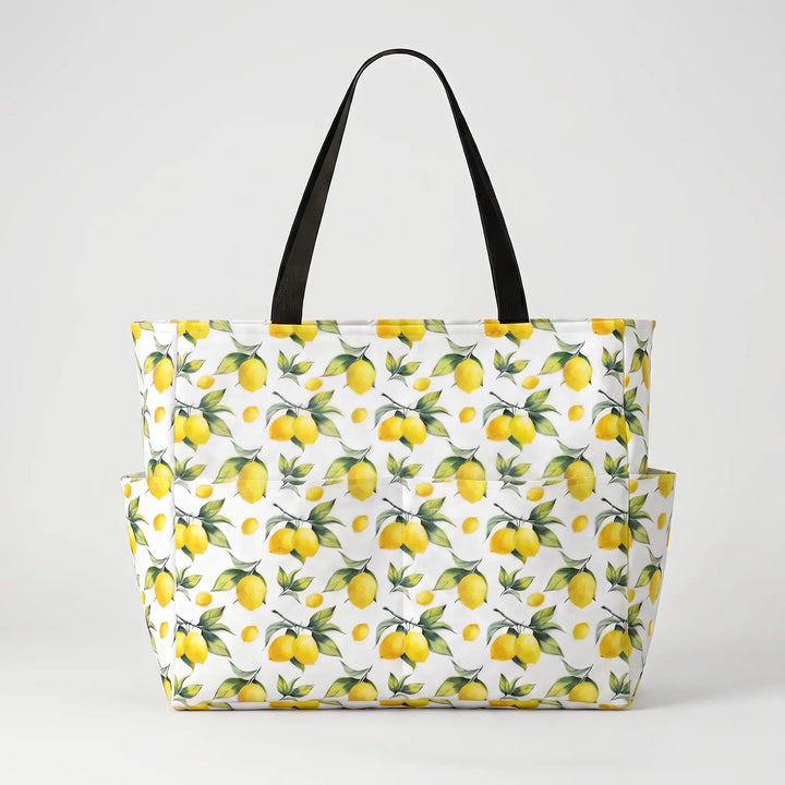 Water-resistant women's large beach tote with tropical lemon print, ideal for travel & shopping.