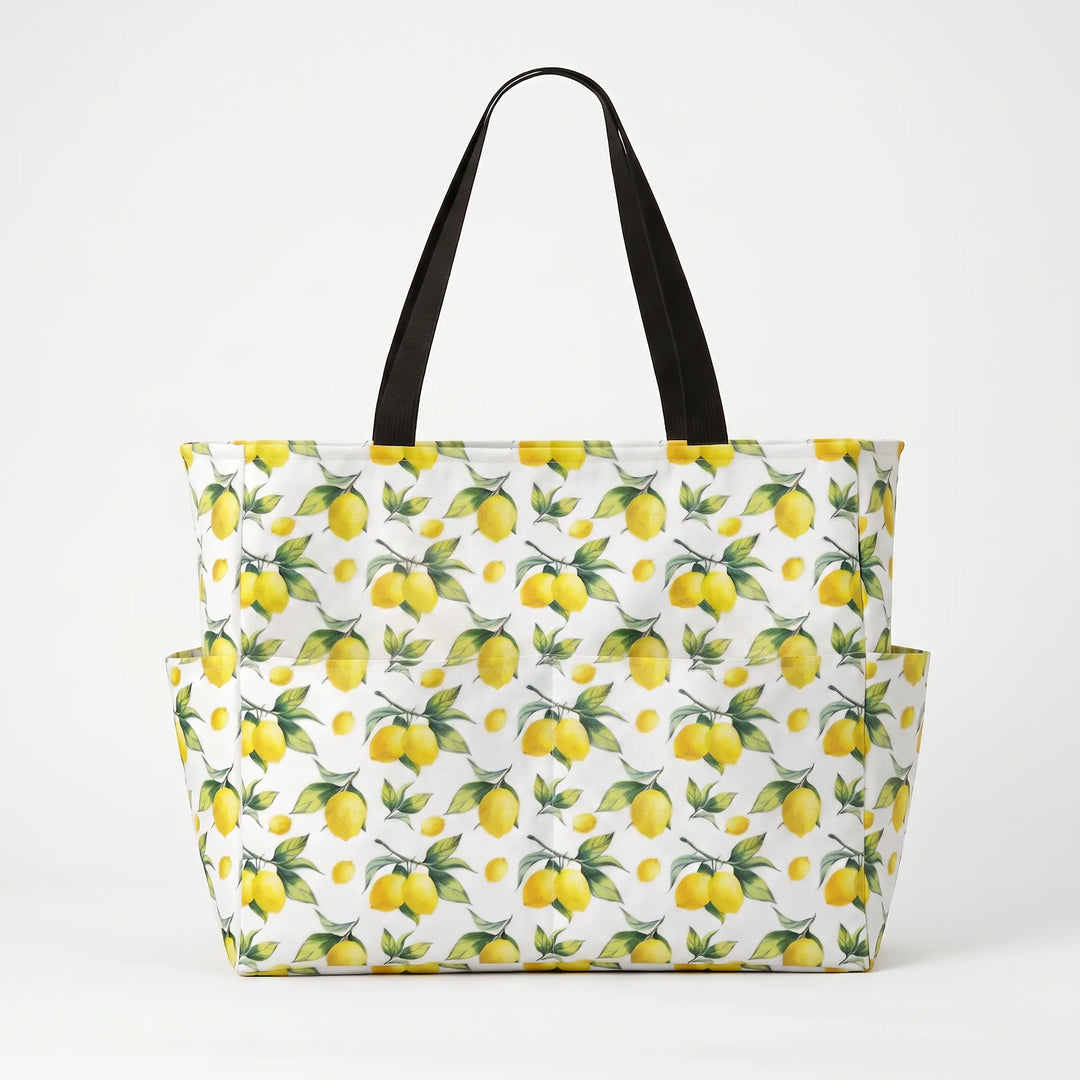 Stylish tropical lemon print large beach tote for women, a must-have summer bag and vacation accessory.