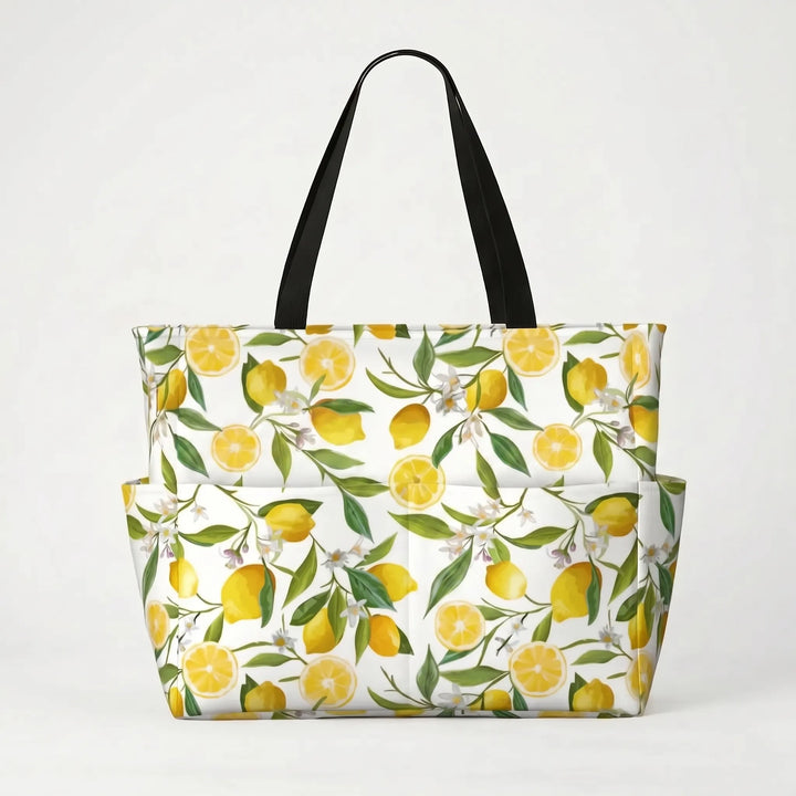Spacious women's large beach shopper bag showcasing a lively tropical lemon print. Great for all essentials.