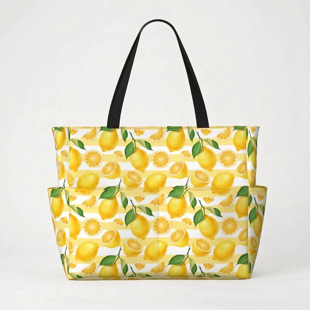 Versatile women's large tote bag with tropical lemon print, functions as a beach, shopper, or travel bag.