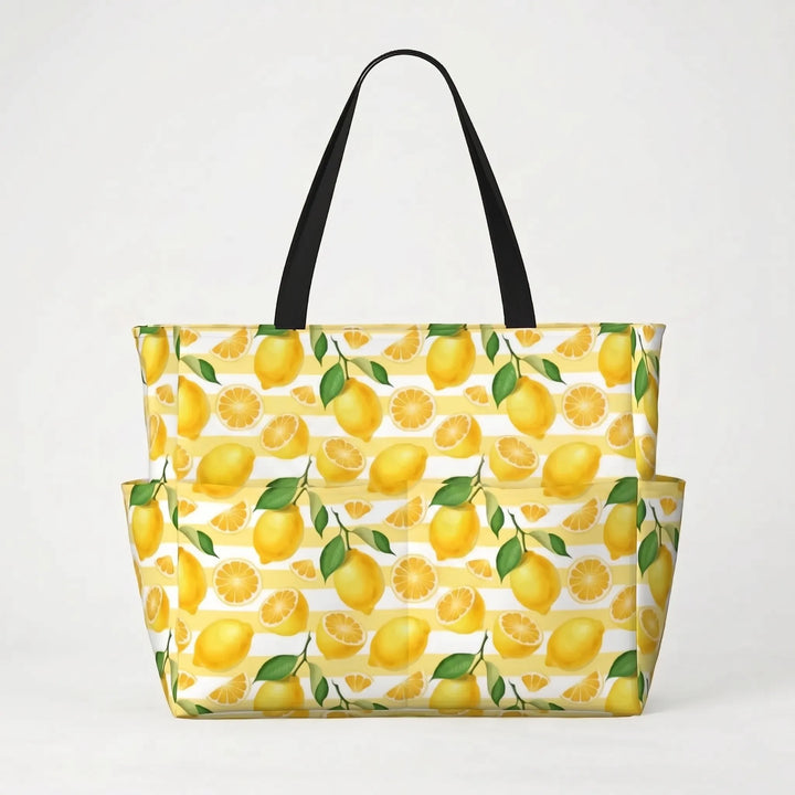 Versatile women's large tote bag with tropical lemon print, functions as a beach, shopper, or travel bag.