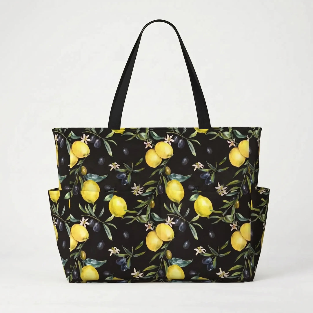Comfortable shoulder strap large women's tote, features a vibrant tropical lemon print. Perfect for summer.