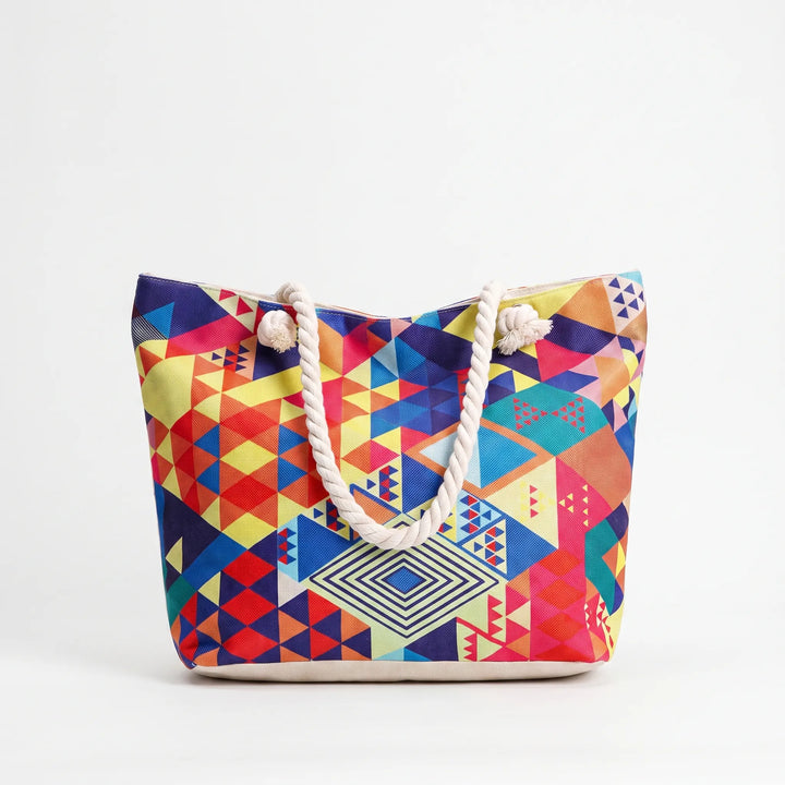 Colorful women's large printed beach tote, spacious shoulder bag for summer travel essentials.