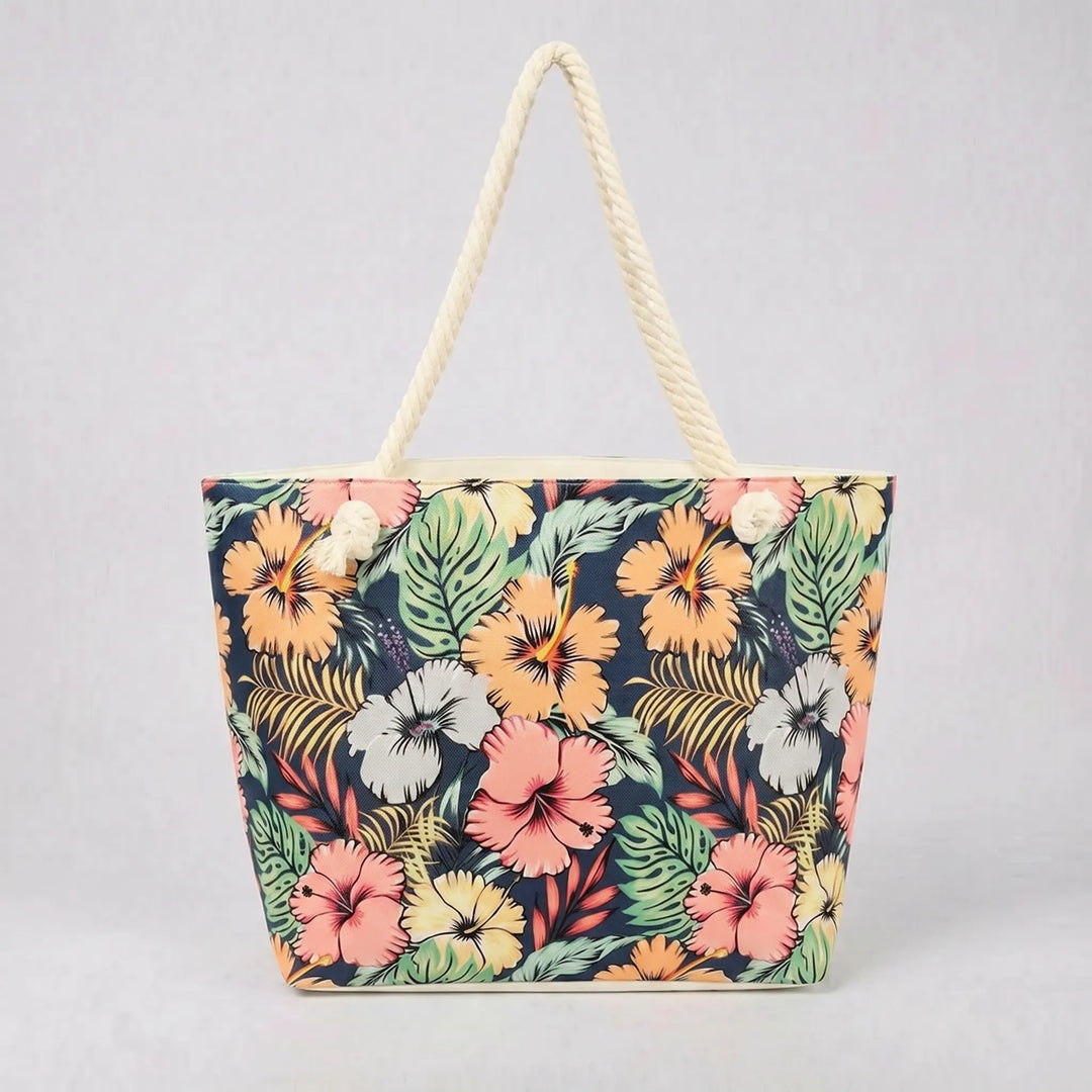 Vibrant women's large printed summer beach tote, a spacious and stylish vacation shoulder bag.