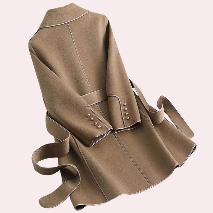 Chic women's layered belted jacket, perfect for office wear, autumn style, and casual spring fashion.