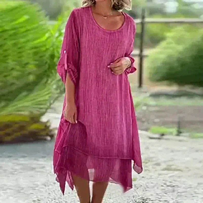 Elegant casual layered midi dress for women, featuring comfortable 3/4 sleeves, perfect for summer.