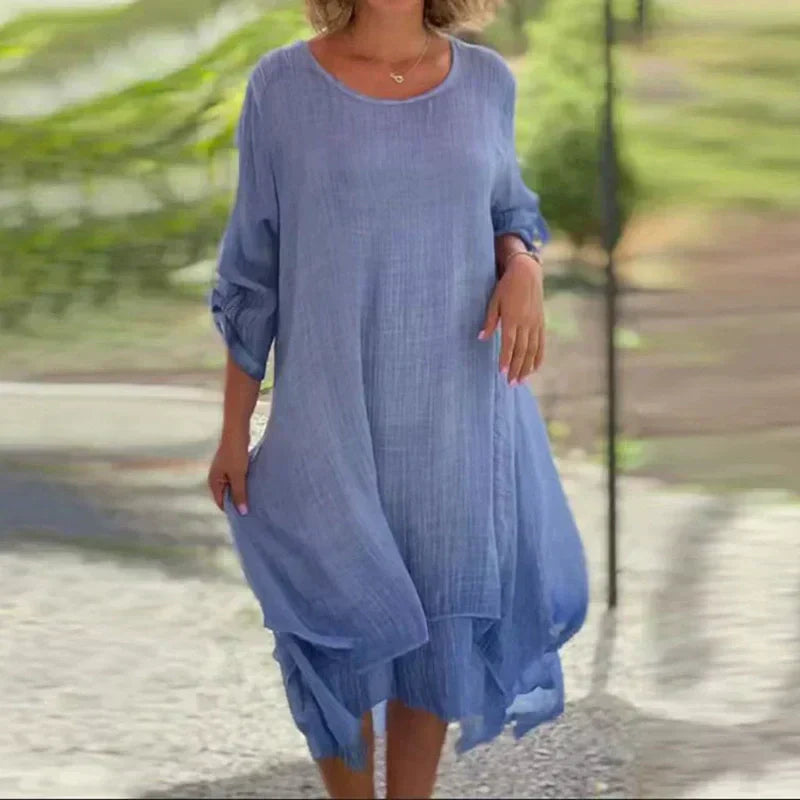 Versatile women's layered midi dress with 3/4 sleeves, suitable for summer casual, vacation & everyday wear.