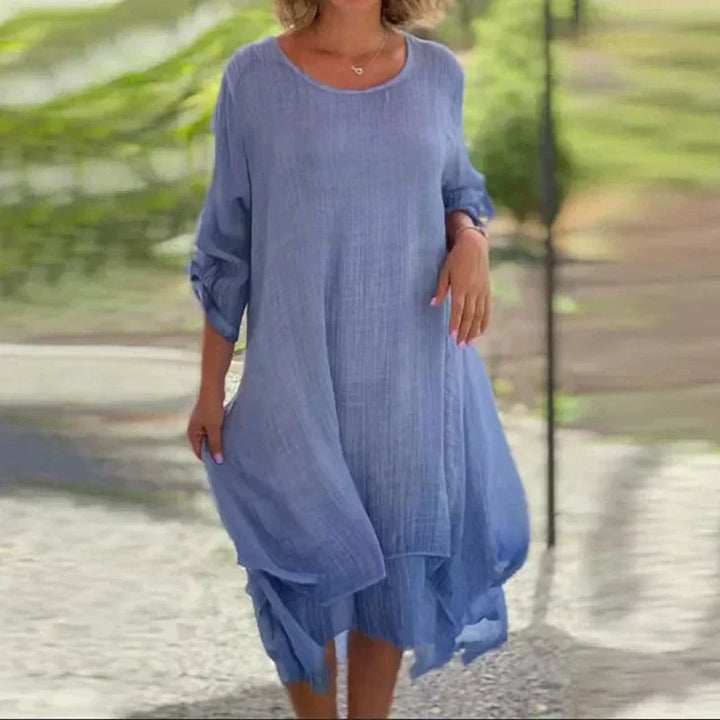 Versatile women's layered midi dress with 3/4 sleeves, suitable for summer casual, vacation & everyday wear.