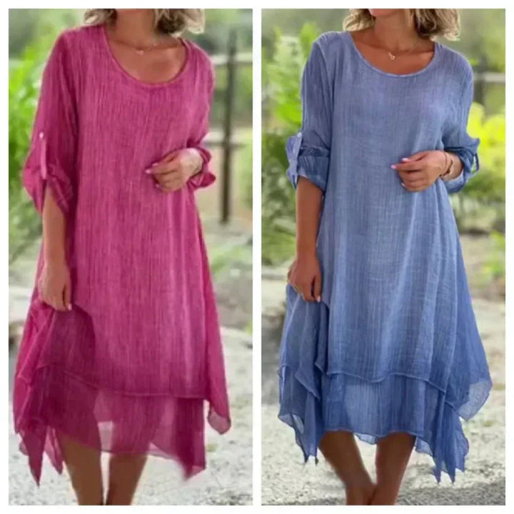 Summer casual women's midi dress, layered with elegant 3/4 sleeves, perfect for daily and vacation comfort.