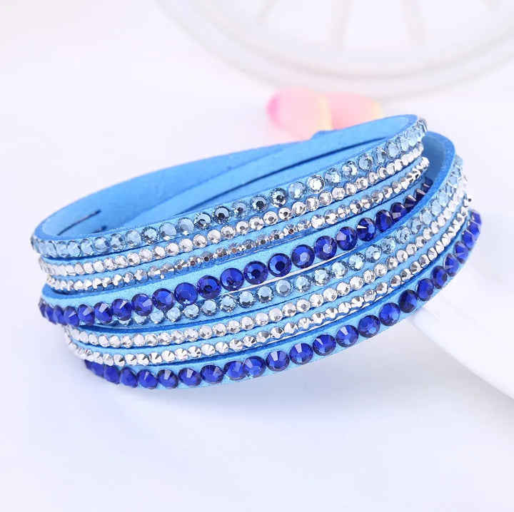 Trendy women's layered rhinestone wrap bracelet, a statement piece of fashion jewelry.