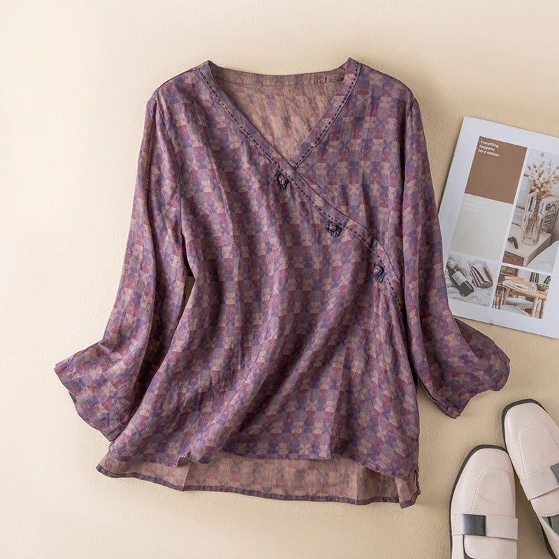Leilani women's feminine button-front shirt with delicate embroidery and floral design, relaxed long sleeve fit.