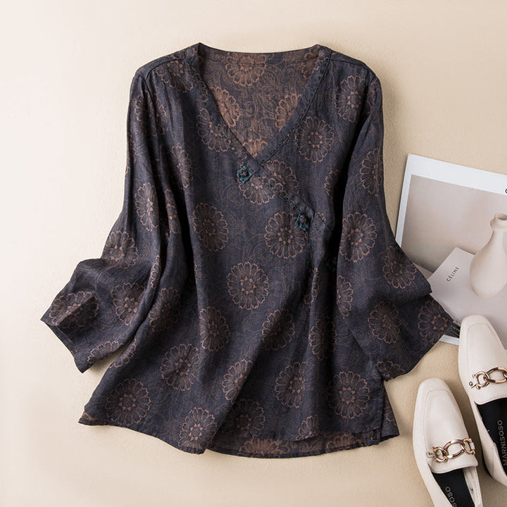 Women's Leilani floral embroidered button-front shirt, relaxed long sleeve fit, versatile spring/summer blouse.