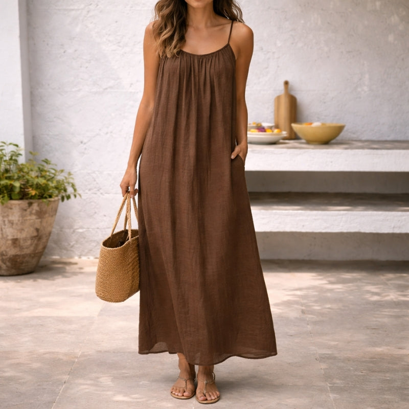 Women's Lena Spaghetti Strap Maxi Sundress, perfect for summer beachwear. Flowing and comfortable.