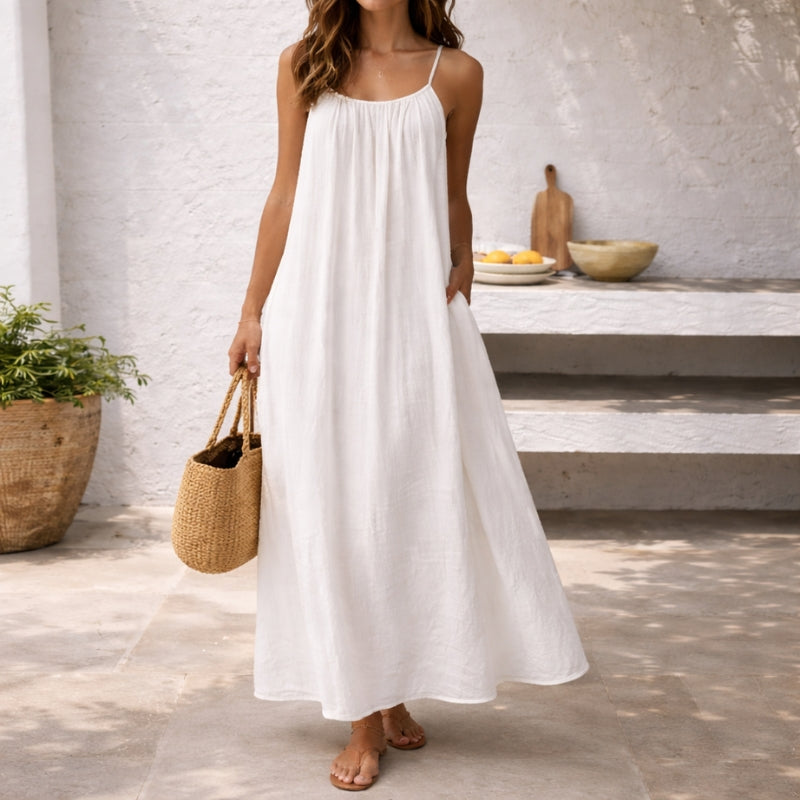 Elegant Women's Lena Spaghetti Strap Maxi Sundress, long & flowing for vacation outfits.
