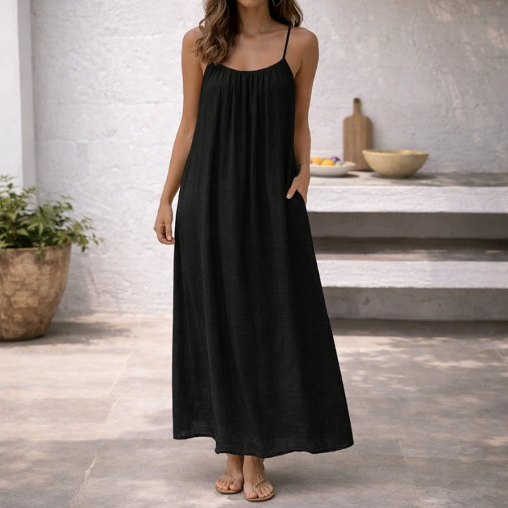 Casual Women's Lena Spaghetti Strap Maxi Sundress with pockets. Comfortable summer dress.
