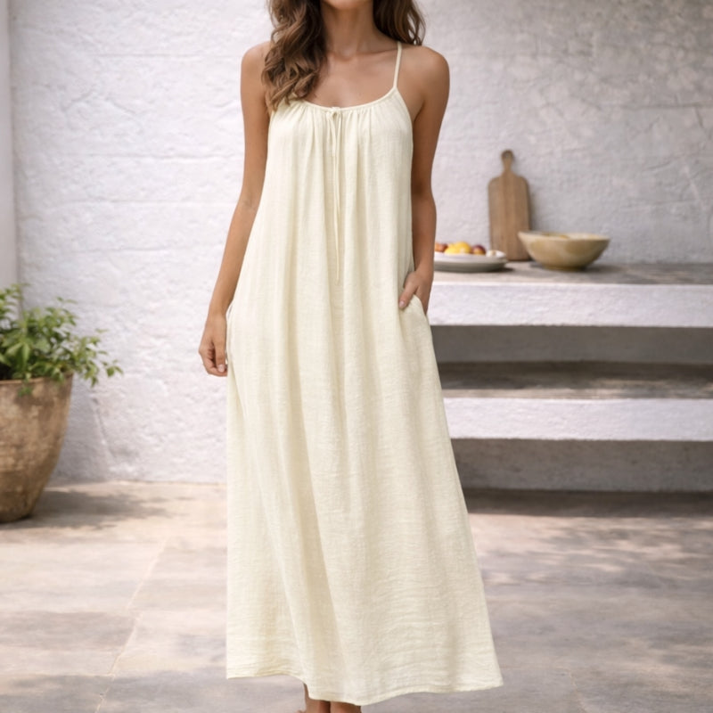 Lightweight Women's Lena Spaghetti Strap Maxi Sundress, a comfortable flowing summer dress.