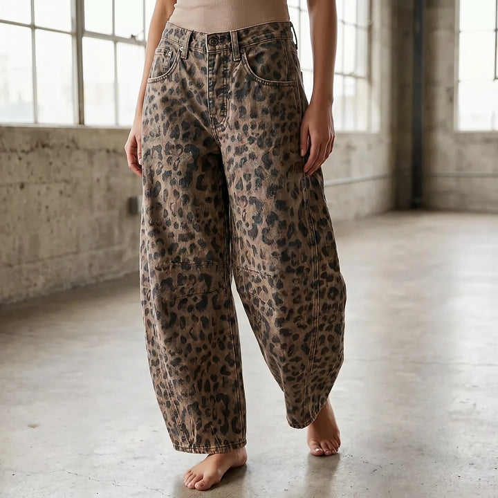 Women's leopard-print barrel jeans with a relaxed fit, perfect for streetwear fashion and comfortable style.