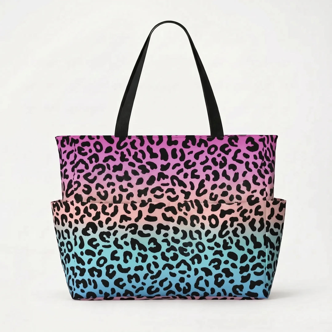 Practical & stylish women's leopard print beach tote, large capacity travel shoulder bag.