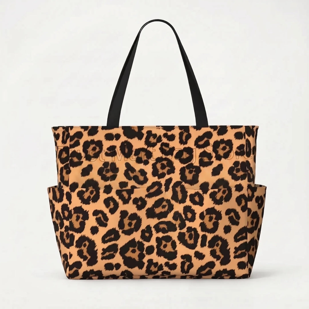 Women's luxurious leopard print beach tote, spacious, stylish, perfect for any trip.