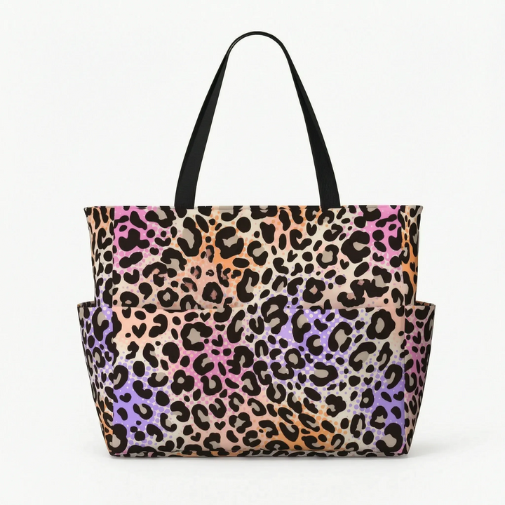 Fashionable women's leopard print shoulder tote, spacious & stylish beach/travel accessory.