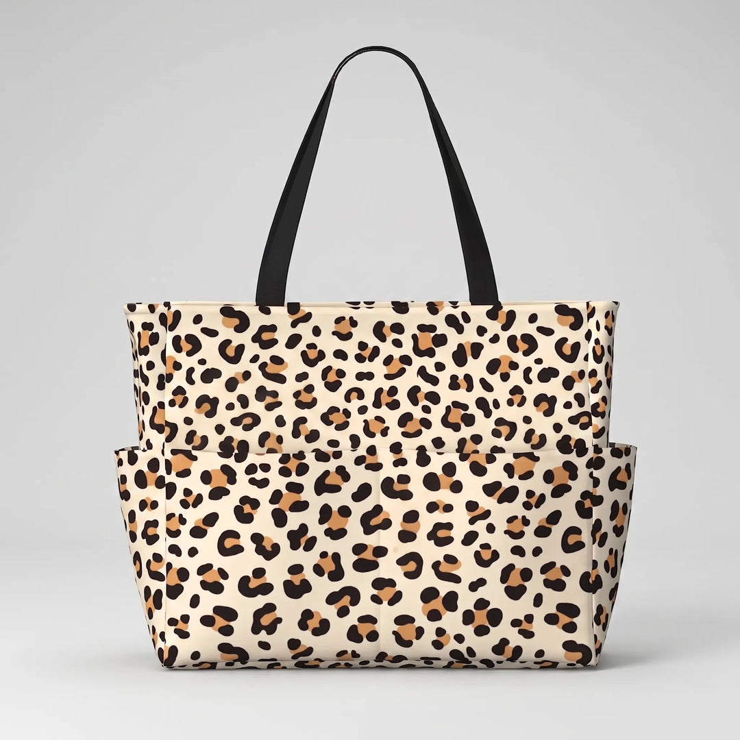 Foldable leopard print beach tote bag for women, stylish & large capacity travel accessory.