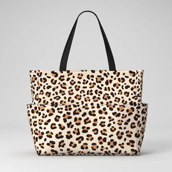 Foldable leopard print beach tote bag for women, stylish & large capacity travel accessory.