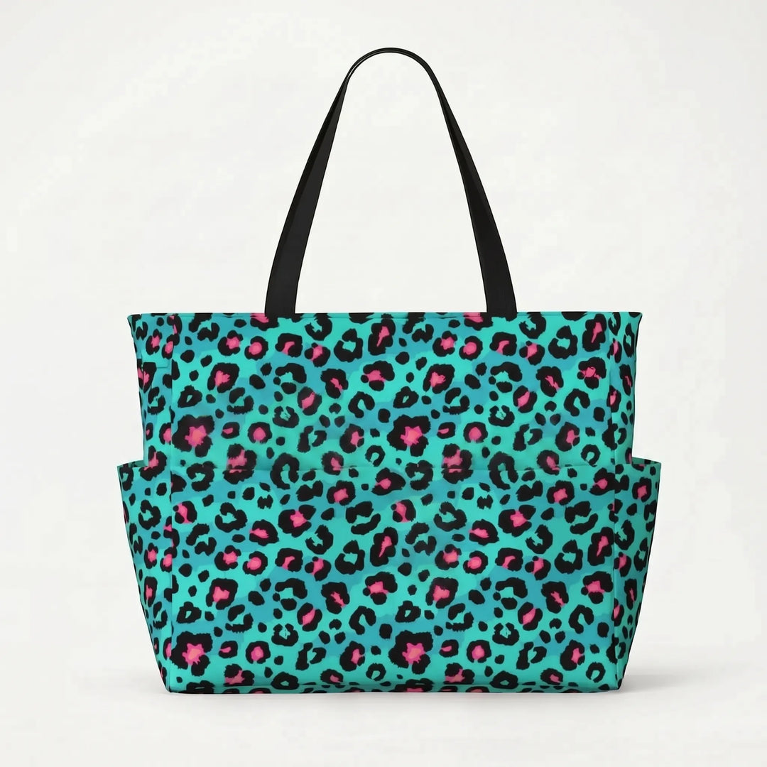 Large capacity leopard print beach tote bag for women, stylish travel & everyday shoulder.