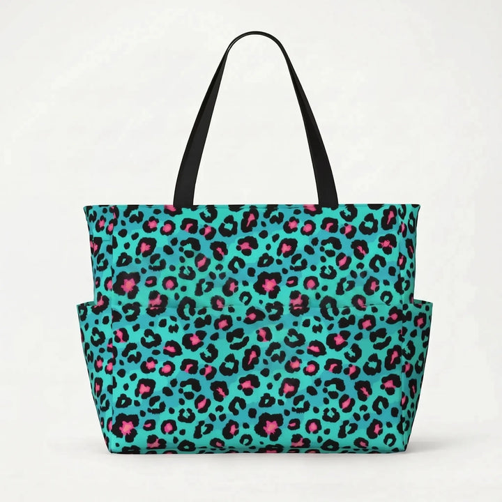 Large capacity leopard print beach tote bag for women, stylish travel & everyday shoulder.