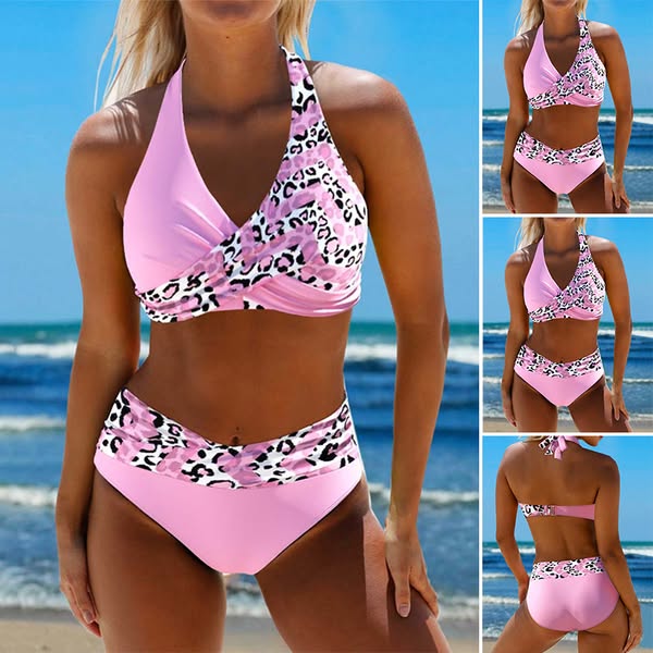 Vibrant women's leopard print halter neck high waist bikini. Must-have summer swimwear for a chic beach look.