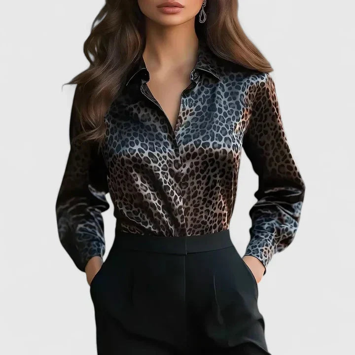 Women's leopard print long sleeve collared blouse, perfect for professional or stylish everyday wear.