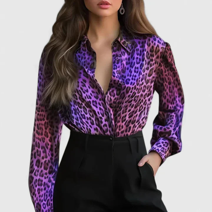 Fashionable women's leopard print long sleeve top. Collared design, versatile for work or casual chic outfits.