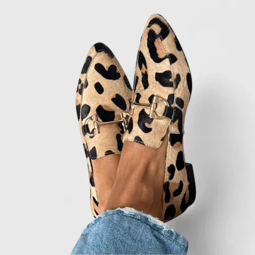 Women's leopard print pointed toe flat loafers with gold horsebit, comfortable slip-on animal print fashion shoes.