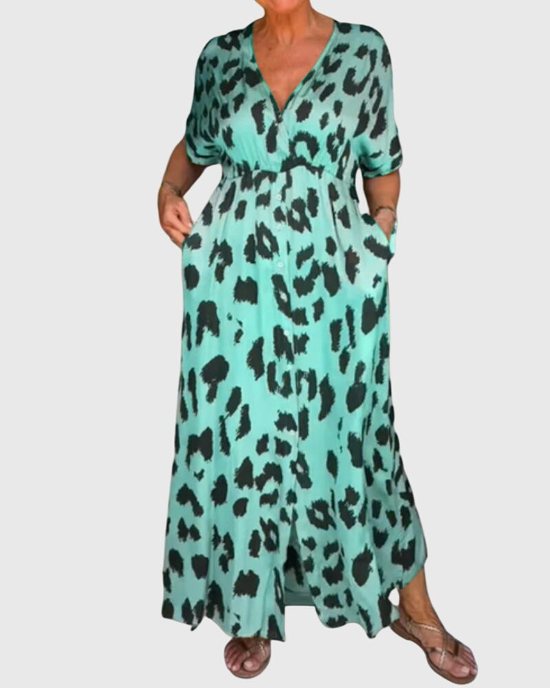 Versatile women's leopard print V-neck maxi dress with elastic waist. Button front detail, ideal for casual or evening wear.