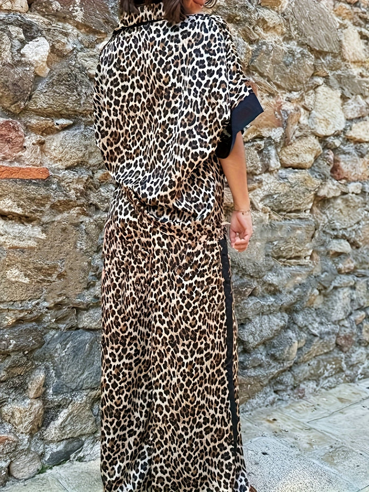Elegant women's v-neck leopard print jumpsuit. Wide leg, animal print, perfect for spring/summer wear.